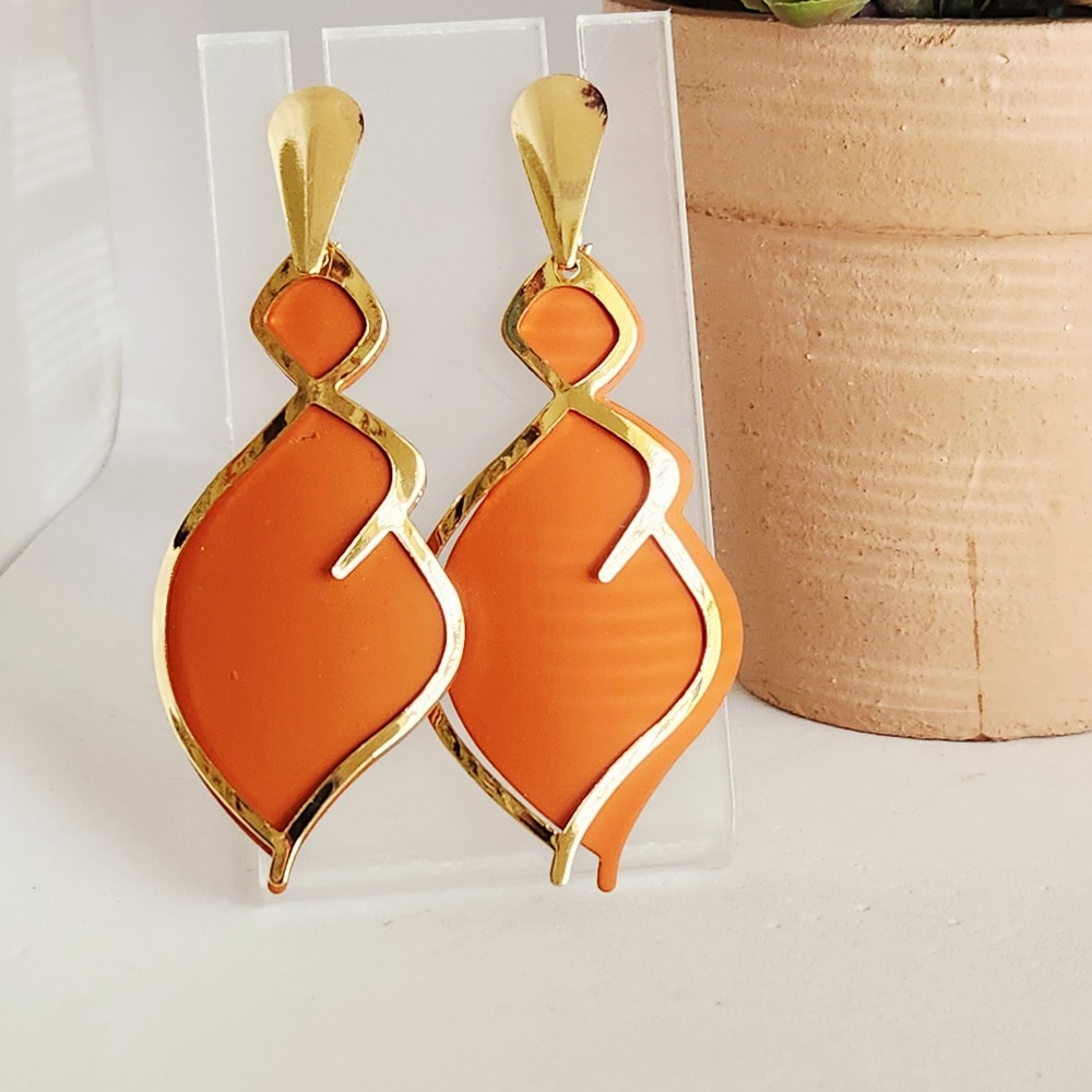 Orange Gold Abstract Geometric Statement Drop Earrings‎ Matte Wave Post Back